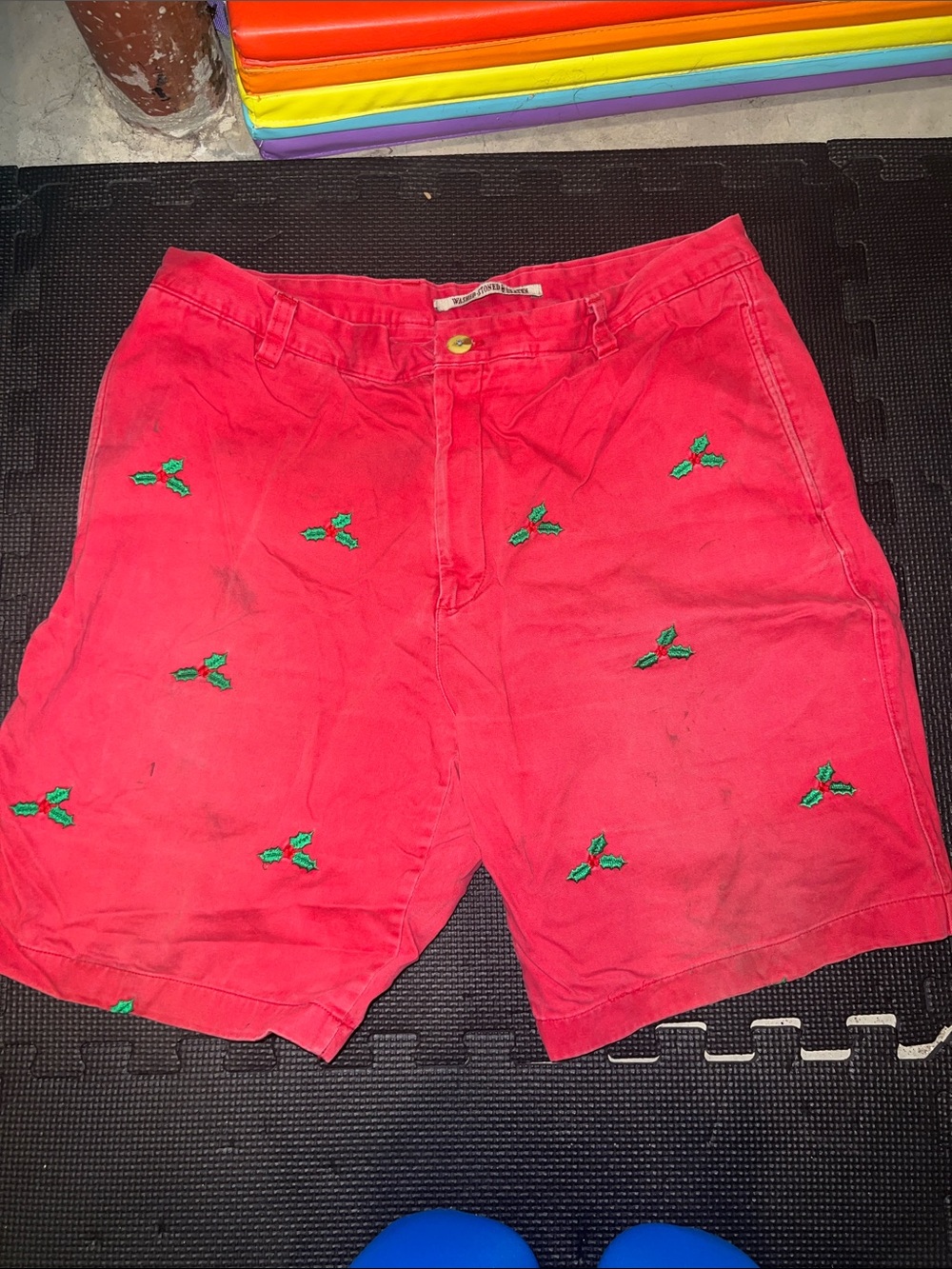 Men's Red Embroidered Flat Front Shorts